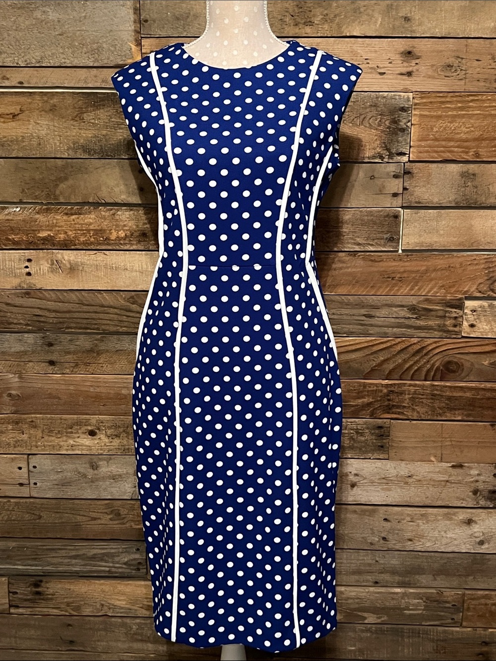 Shelby & Palmer Navy Polka Dot Midi Dress with White Trim